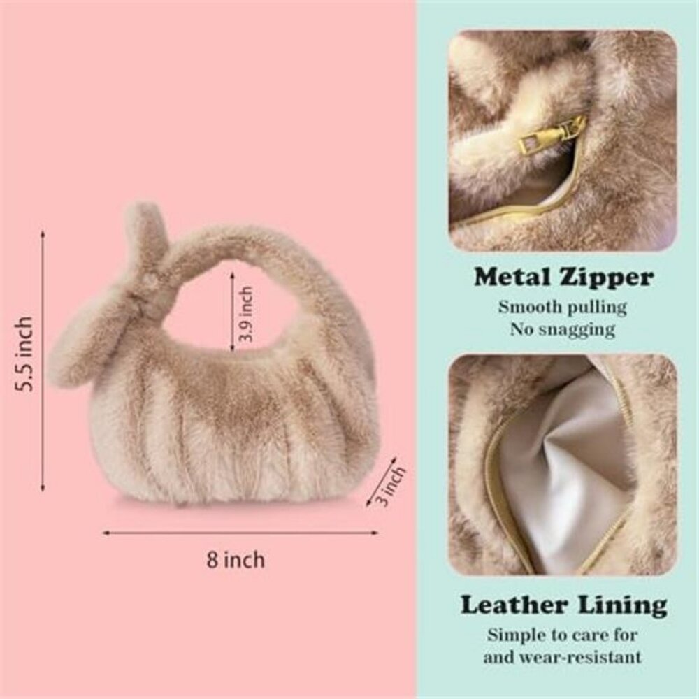 Women's Furry Tote Bag Faux Fur Cute Mini Bags Plush Small Purse Autumn - Picture 2 of 6